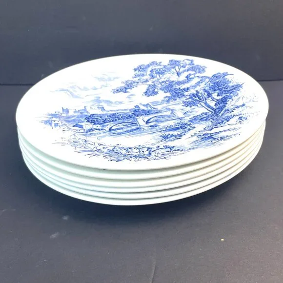 Set 6 Vintage Wedgwood & Co. Countryside Blue Transferware Dinner Plate England - Picture 2 of 9